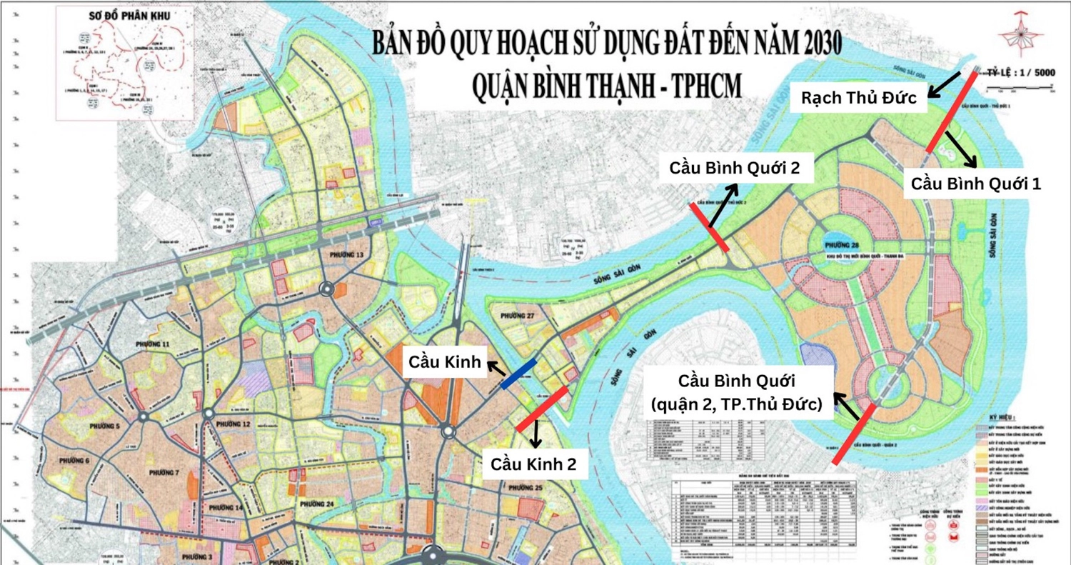 Bản đồ quy hoạch Thanh Đa đến năm 2030 thể hiện vị trí 4 cây cầu dự kiến