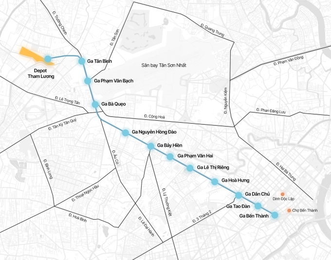 Hướng tuyến Metro Bến Thành - Tham Lương. Đồ họa: Tâm Thảo