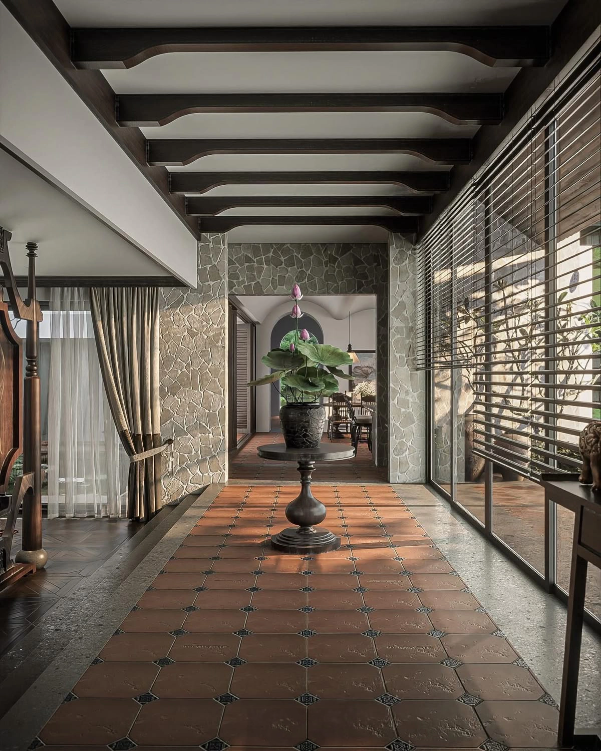 Phong cách này thường ứng dụng gạch nung, gõ, vách tre...