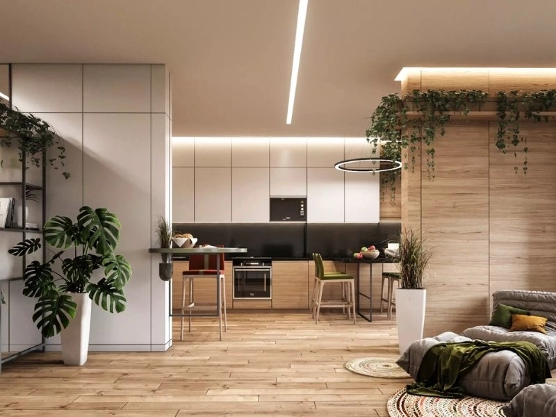 Vật liệu sử dụng từ tự nhiên hoặc tái chế như gỗ, tre, bê tông thô, đá