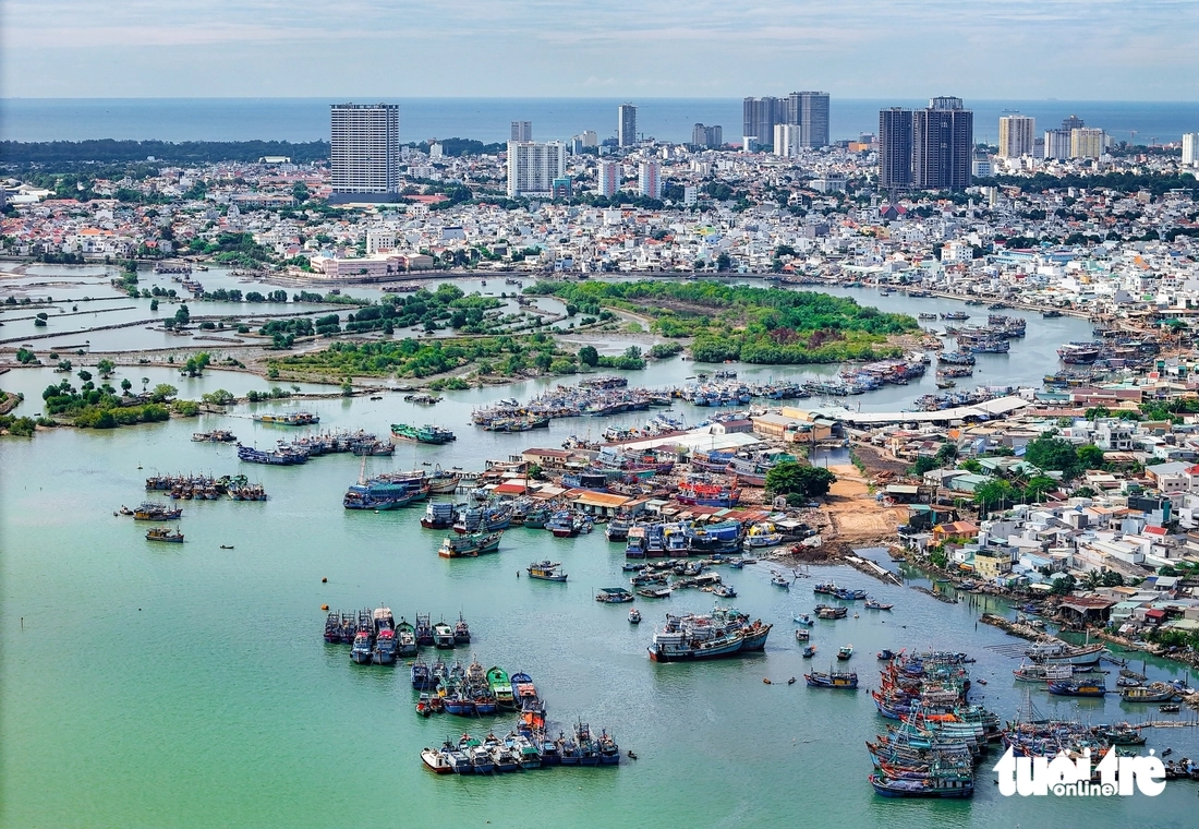 Từ phía Vũng Tàu, tuyến bờ biển gắn với hoạt động cảng và du lịch trải dài, đối diện qua vịnh Gành Rái